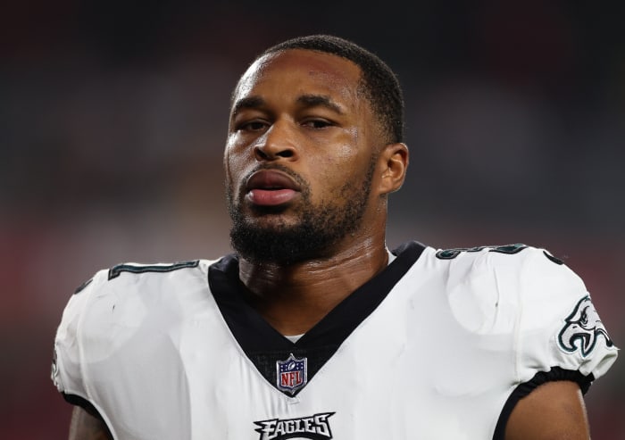 Philadelphia Eagles safety Kevin Byard (31) stands on the field during warm ups before a 2024 NFC wild card game against the Tampa Bay Buccaneers at Raymond James Stadium.